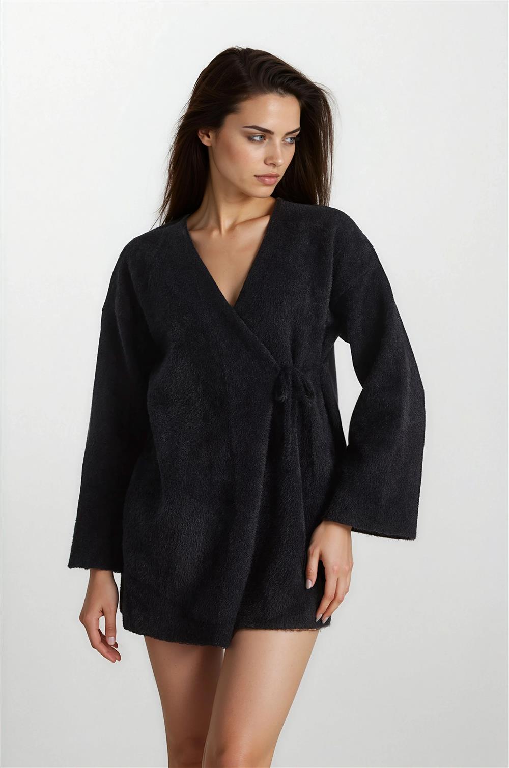 Siyah Kruvaze Triko Kimono