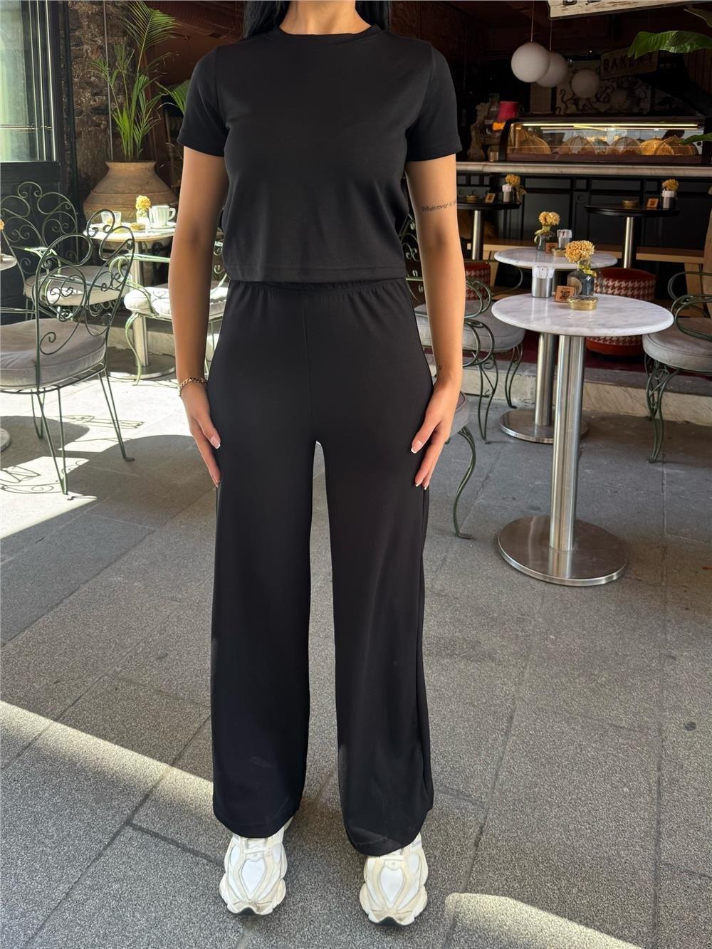 Siyah Modal Polyester Palazzo Takım