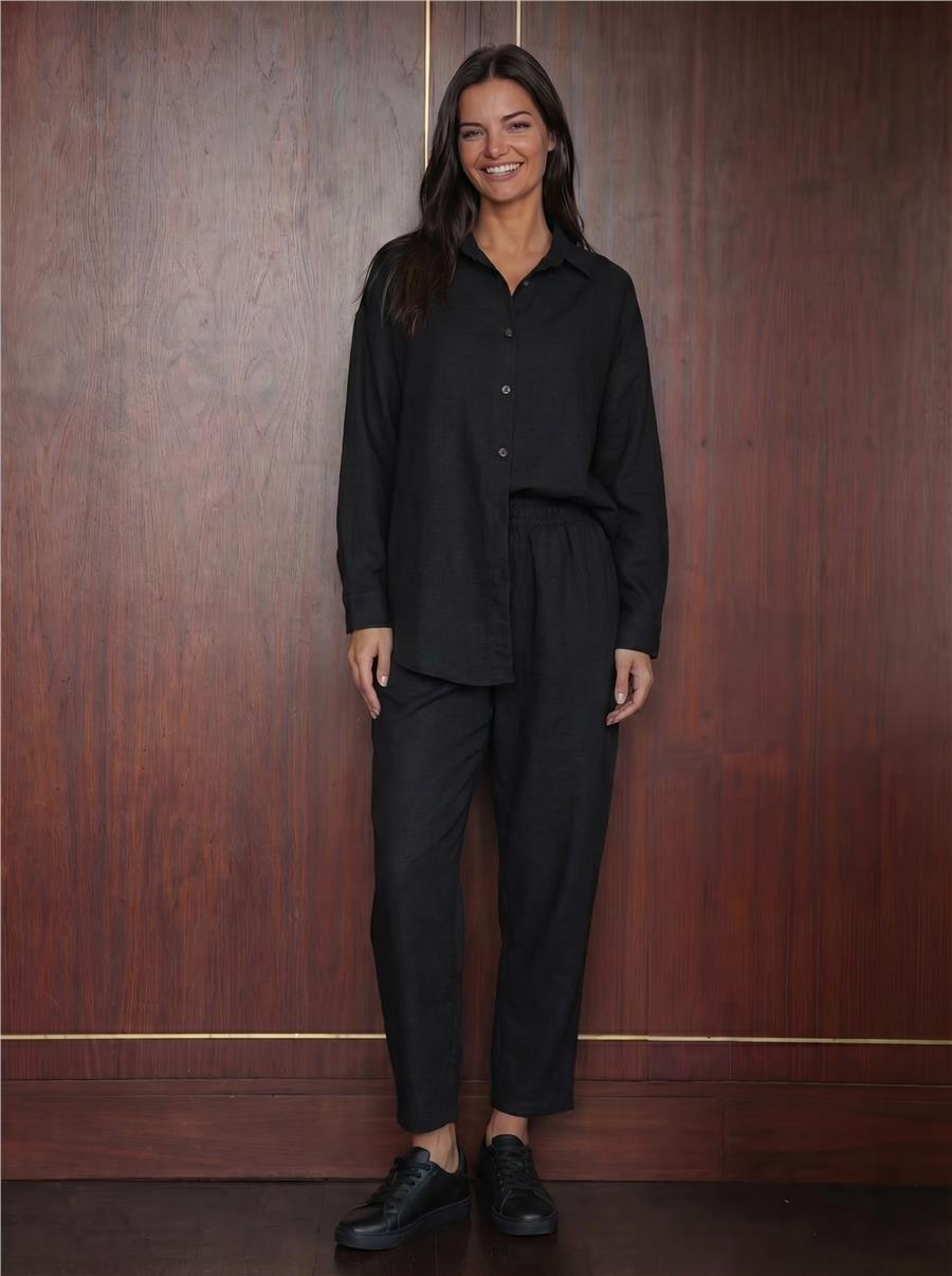 Kadın Siyah Oversize Keten Alt Üst Takım 6622