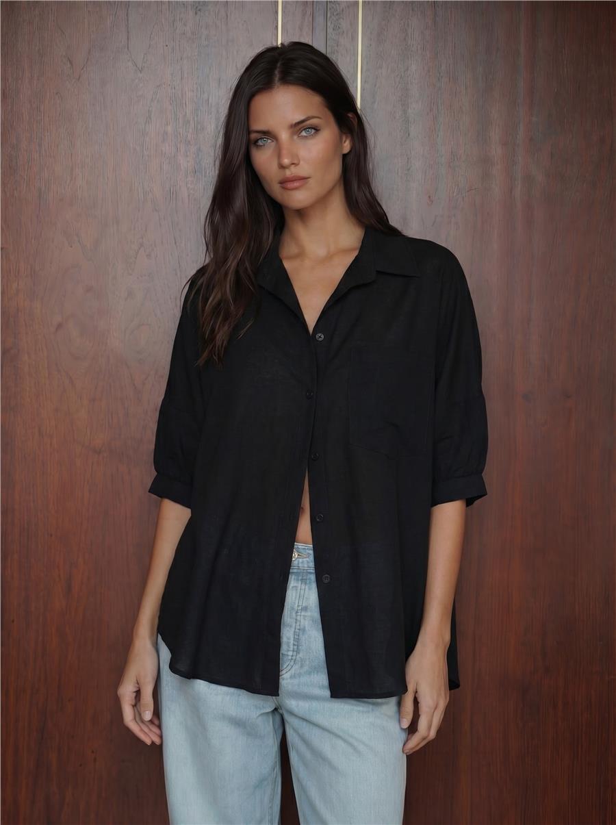 20213 Oversize Kısa Kol Basic Gömlek - Siyah