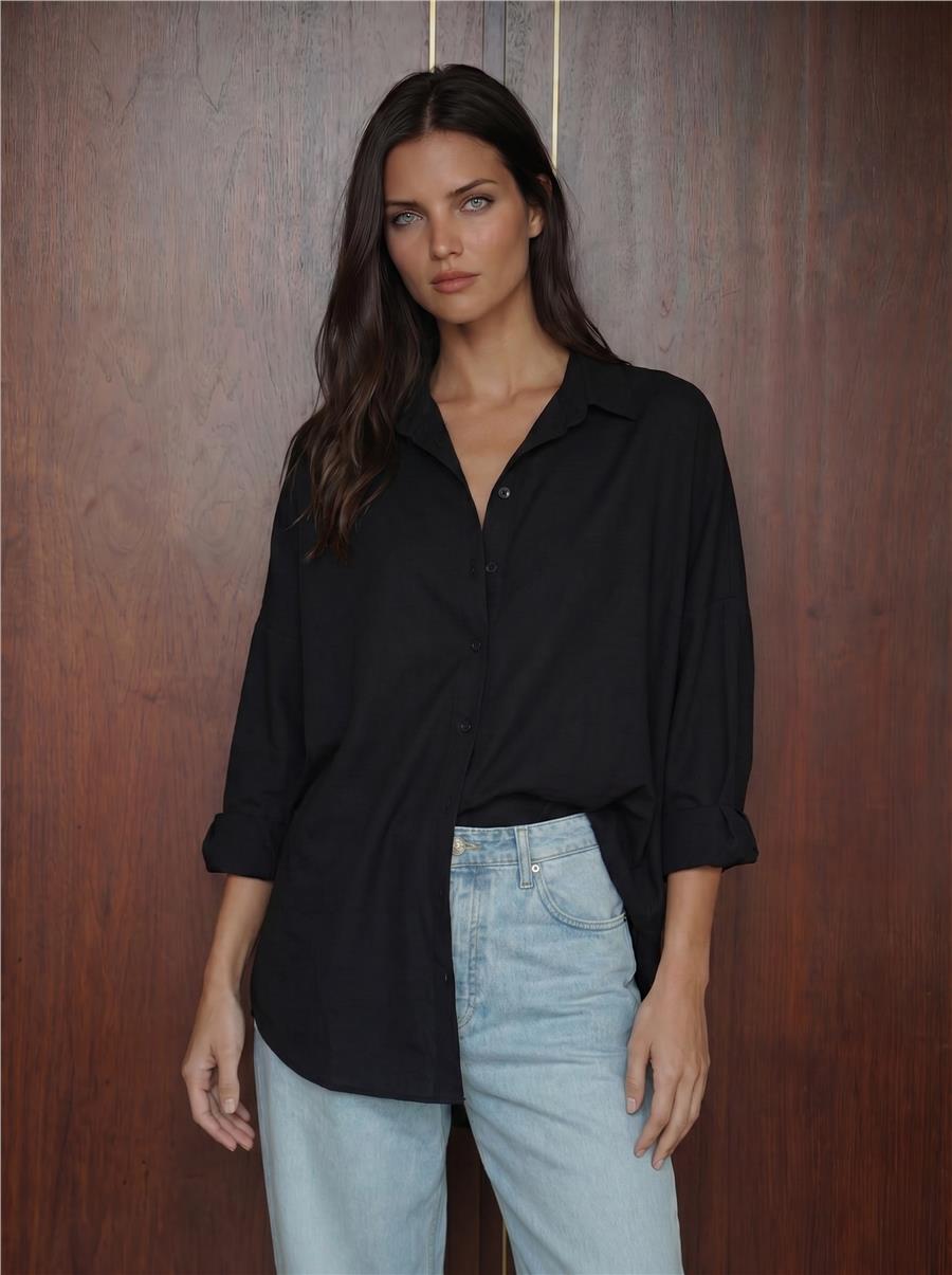 Kadın Siyah Oversize Uzun Basic Gömlek 3900