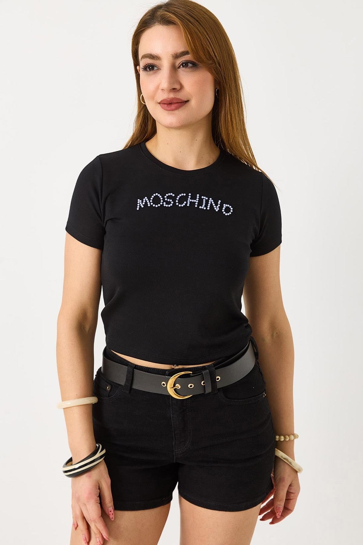 Siyah Taş Detaylı Crop Bluz