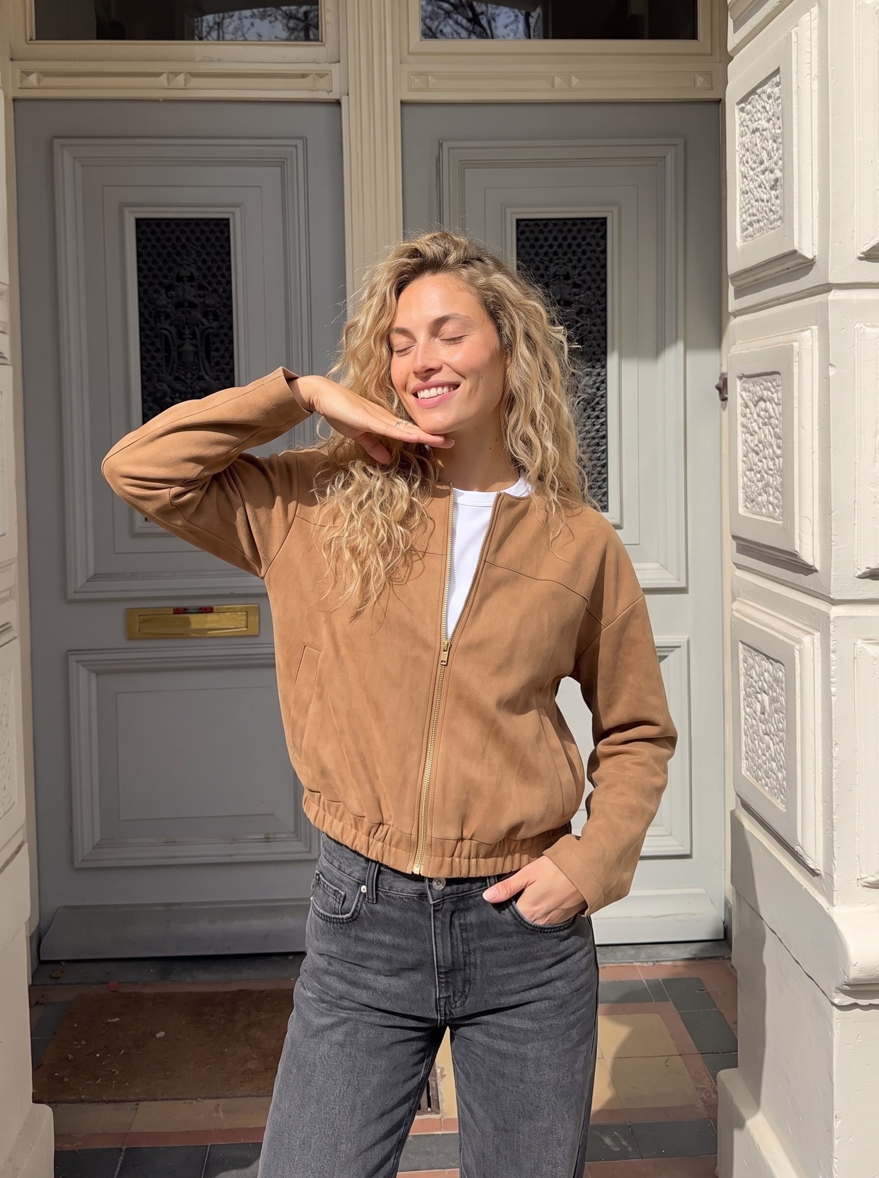 Taba Fermuarlı Süet Bomber Ceket