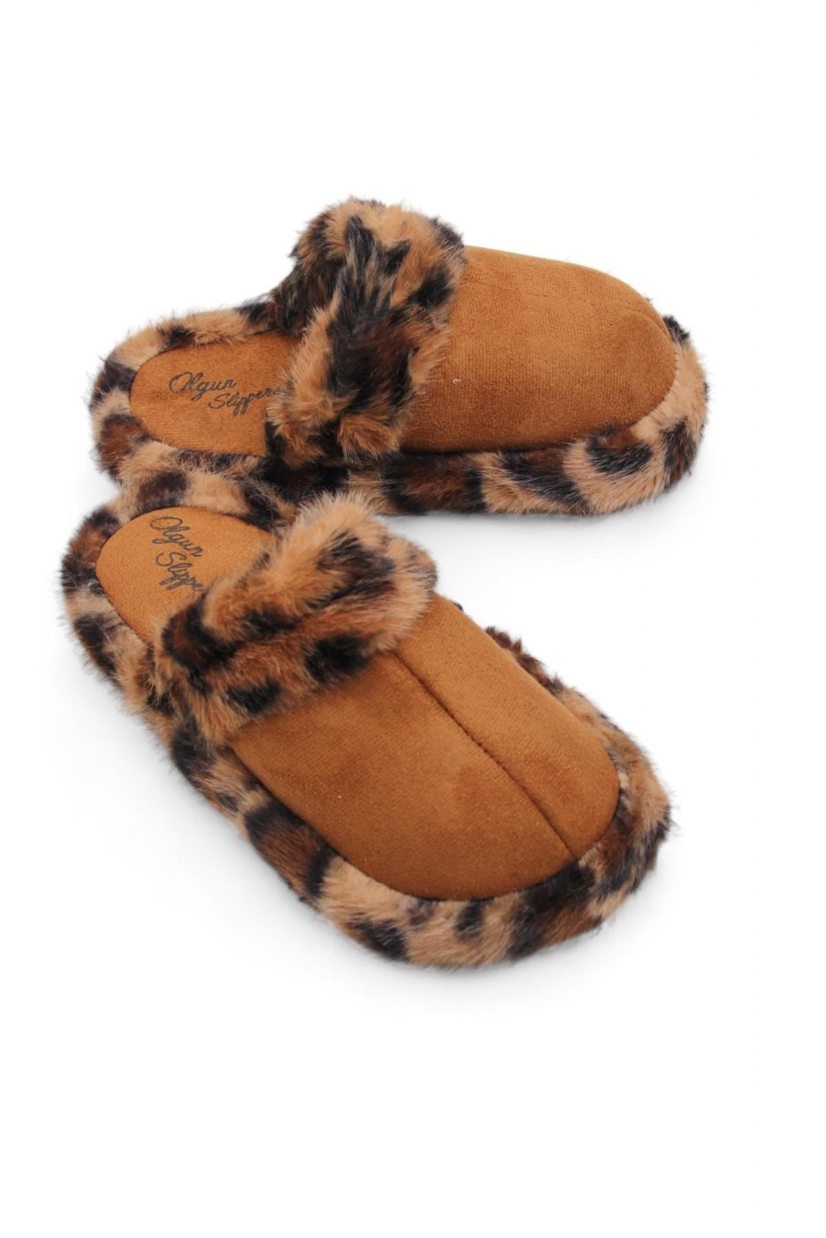 Taba Leoparlı Kürklü Ev Terliği