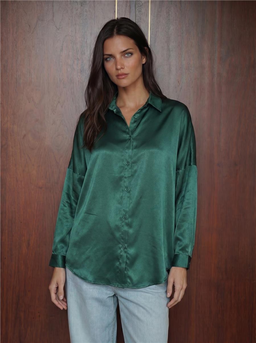 3985 Oversize Saten Gömlek - Zümrüt Yeşili