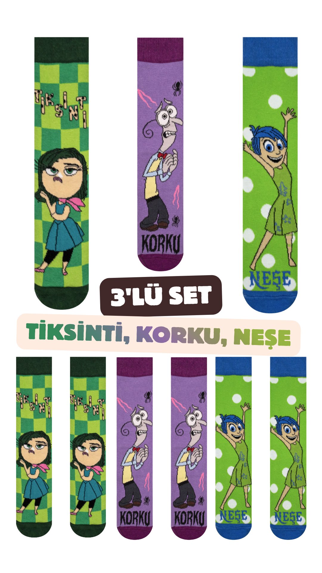 3'lü Tiksinti, Korku ve Neşe Kutulu Renkli Çorap Seti