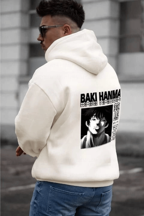 Erkek Baskılı Kapüşonlu Ve Kordon İpli Sweat - Beyaz
