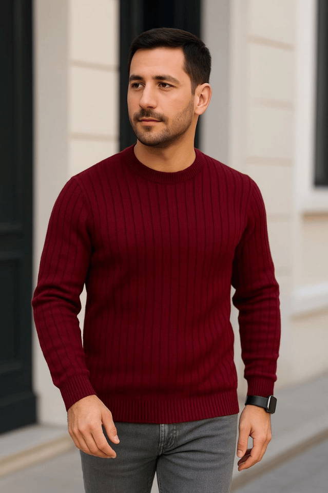 Erkek Bisiklet Yuvarlak Yaka Triko Kazak Pamuklu Kalın Fitilli Dokuma, Regular Fit Uzun Kollu Kışlık Model - Bordo