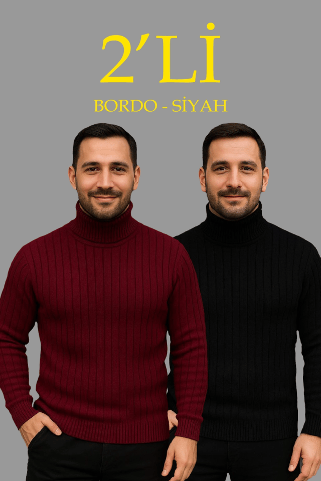 Erkek Fitilli Triko Kazak 2li Set Bordo Siyah Regular Balıkcı Yaka Tam Boğazlı Triko Seti Modeli Kazak