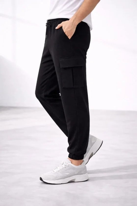 Erkek Jogger Eşofman Altı Regular Fit , Kargo Cepli, Lastikli Paça, Günlük Spor Pantolon - Siyah