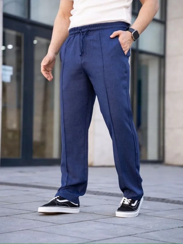 Erkek Keten Cepli Çıma Dikişli Jogger Buggy Pantalon Rahat Kalıp - Lacivert