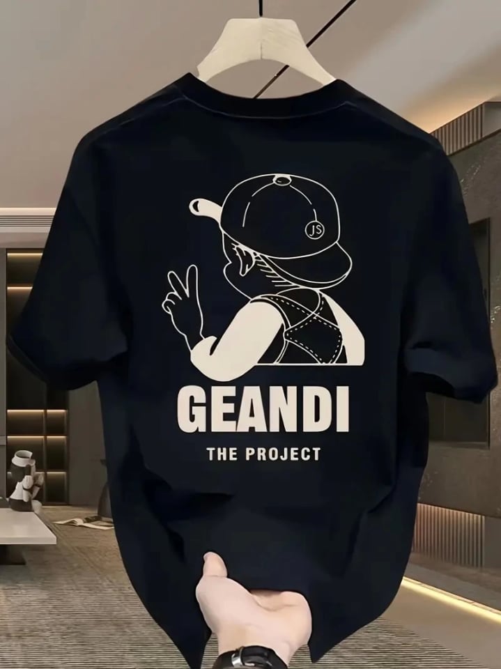 Geniş Kesim Pamuklu Tişört - GANDHI The Project Baskılı, Siyah, Rahat Kesim, Kısa Kollu, Günlük Kıyafet, Her Gün Giyilebilecek Tişört- Siyah