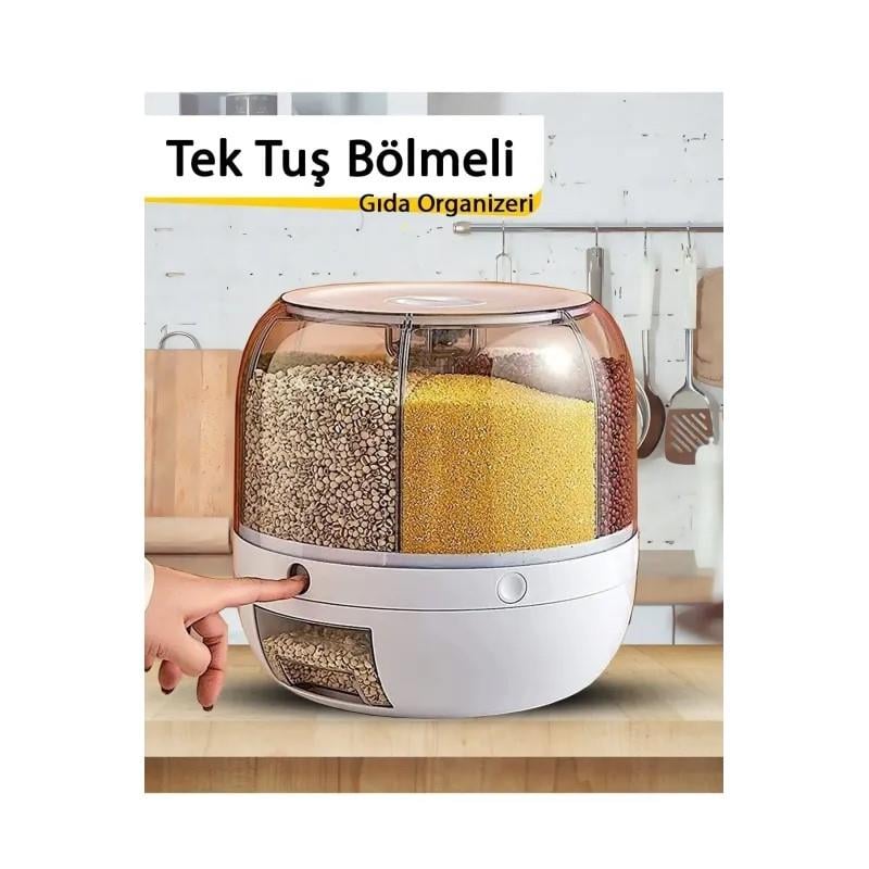 360° Dönebilen Kuru Gıda ve Bakliyat Organizeri 6 Bölmeli Hava Geçirmez Saklama Kabı 6 Lt