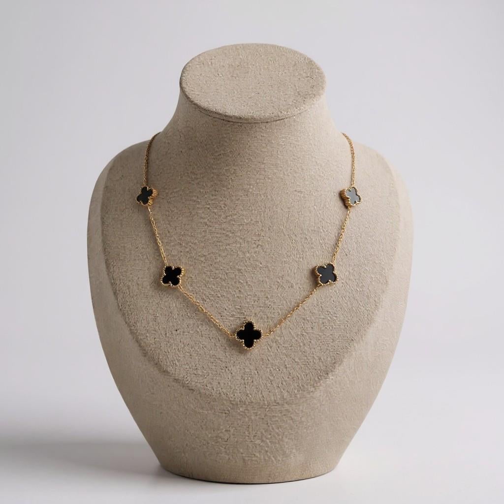 Çelik Gold Çift Taraflı Siyah 5'li Van Cleef  Kolye