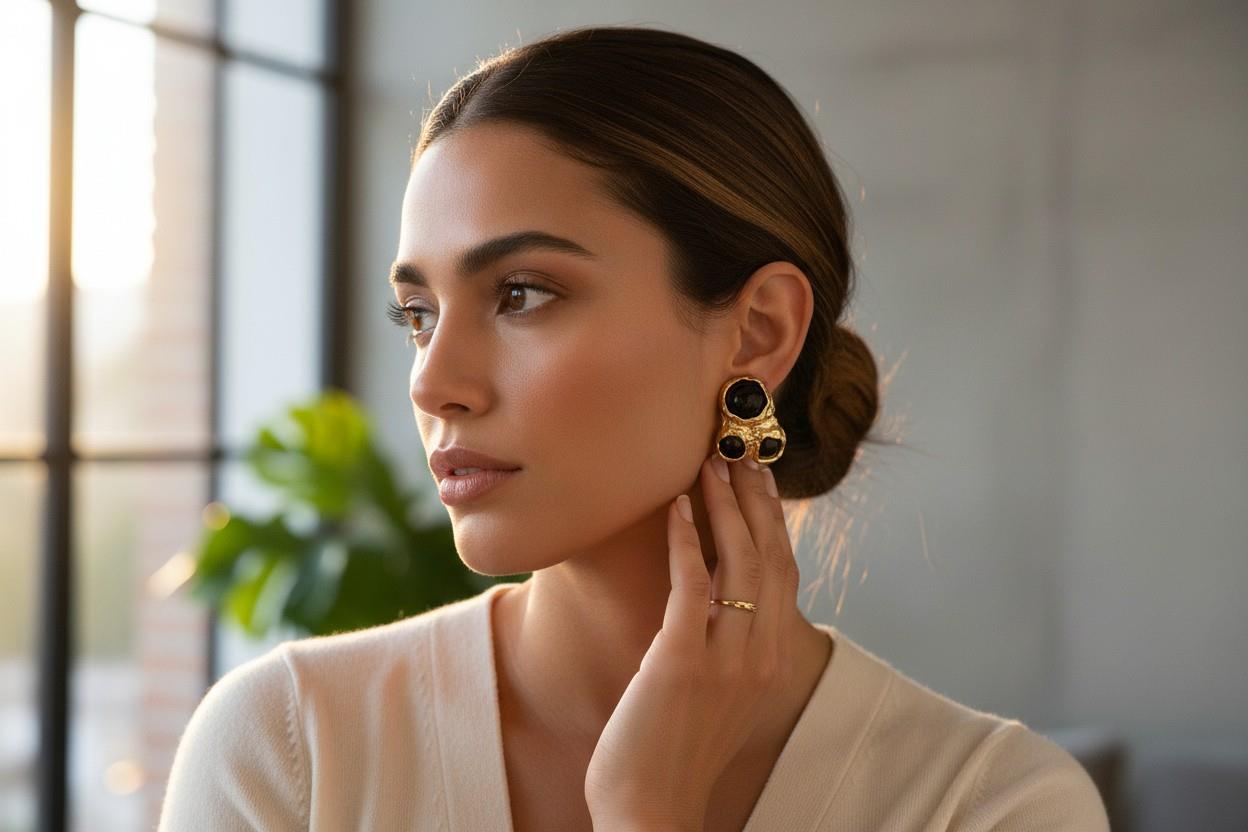 Gold Siyah Taşlı Vintage Tasarım Küpe