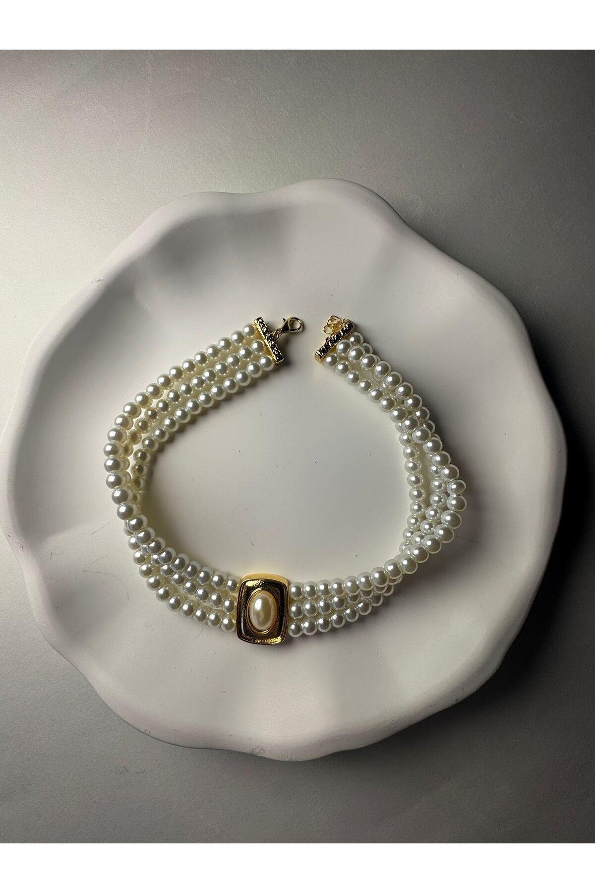 İnci Detaylı Üç Sıralı Retro Choker Kolye