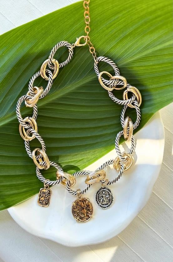 Za -İki Tonlu Kalın Zincirli Coin Charm Kolye