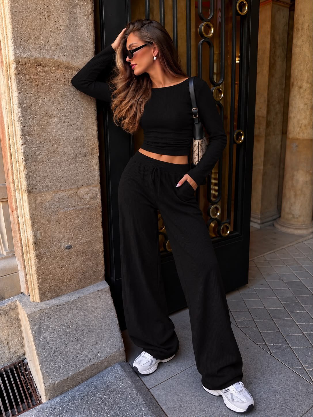 ADU Balıkçı Yaka Belden Büzgülü Crop Bluz ve Pantolon Şardonlu Kaşkorse Takım