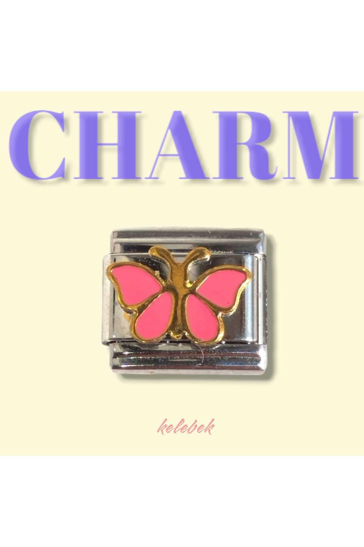 Çelik İtalyan Charm Bileklik Charmı Sallantısız Pembe Kelebek Motifli