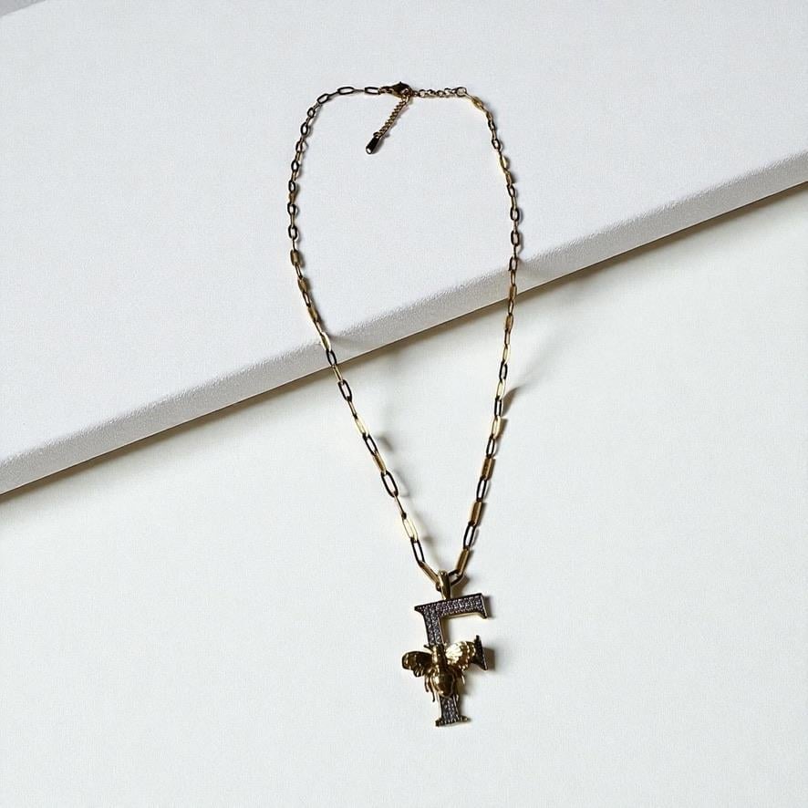 Çelik Gold Renk Zincir F Harf Ucu Arı Model 45 Cm Kolye 