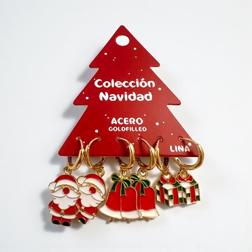 Gold Yılbaşı Noel Baba, Çan, Hediye Paketi Üçlü Küpe