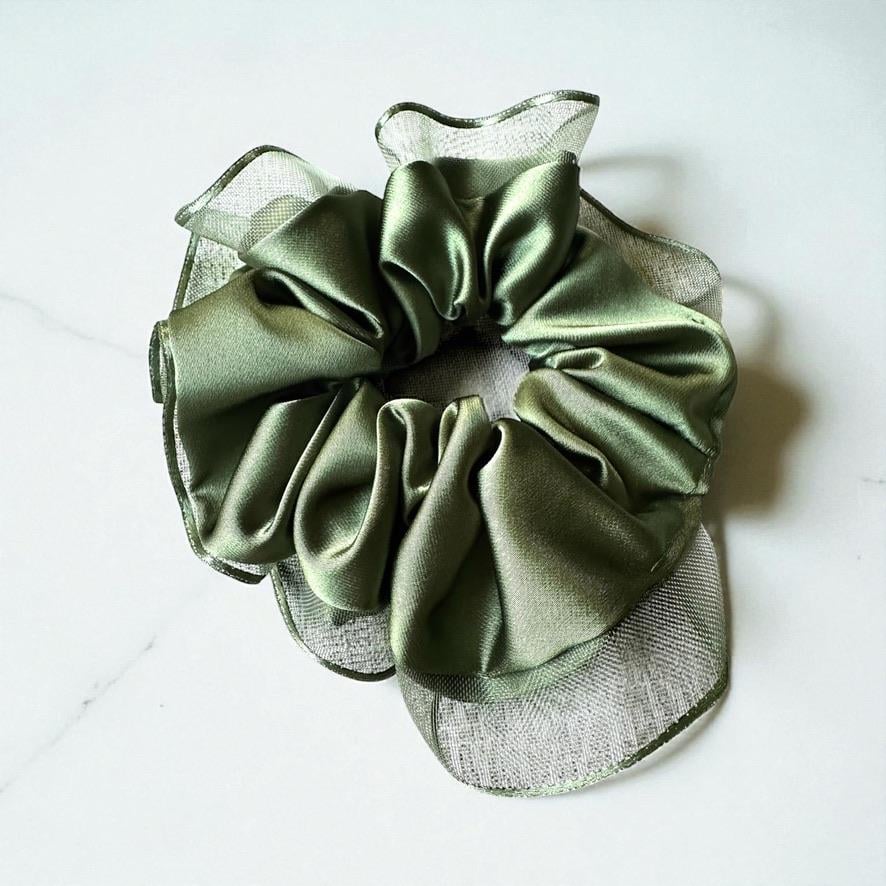 Haki Kenarları Tül  Scrunchie Büyük Boy Simit Toka