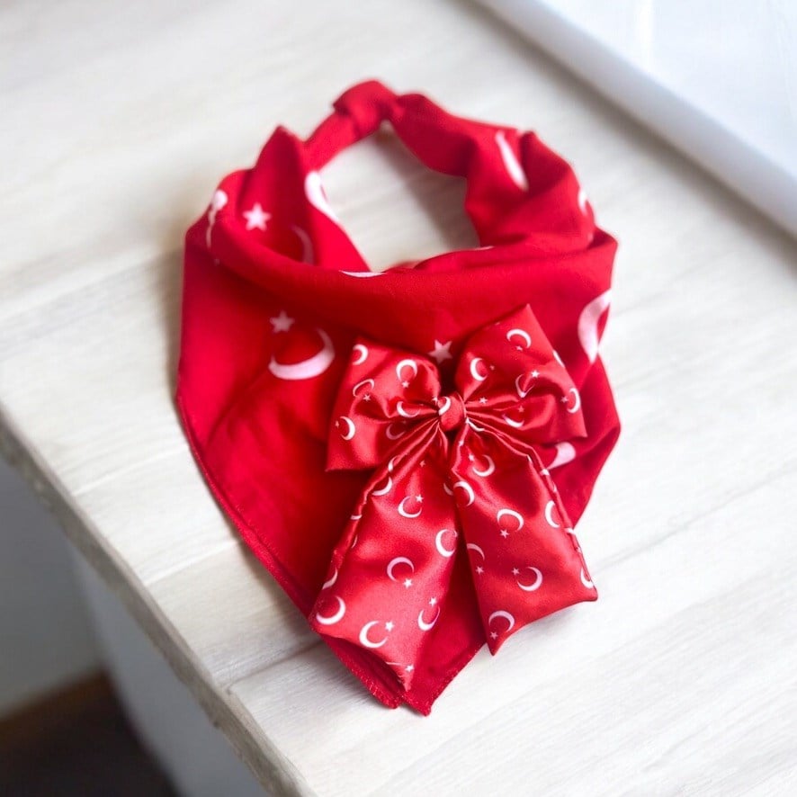 Kırmızı Renk Ay Yıldız Desenli Bandana ve Fiyonk Toka Seti 23 Nisan Kombini