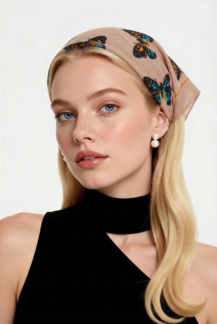 Krem Renk Kumaşi Kelebek Desenli 100% Koton Bandana