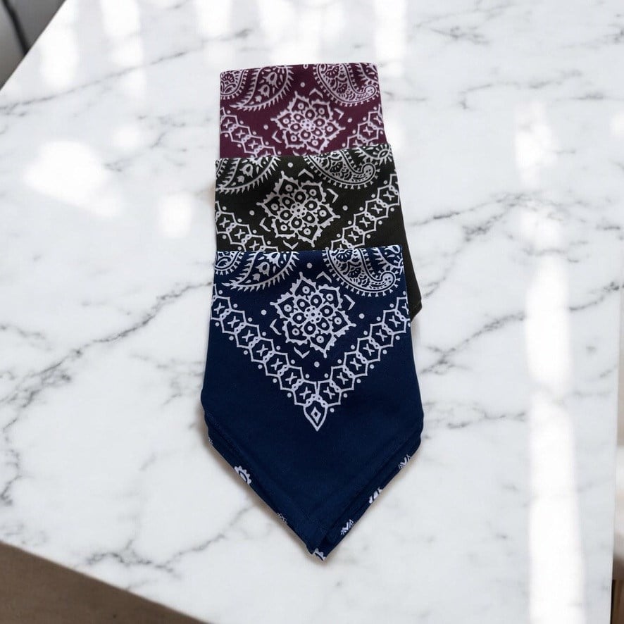 Lacivert, Yeşil ve Bordo Renk içi Desenli 3'lü %100 Koton Bandana