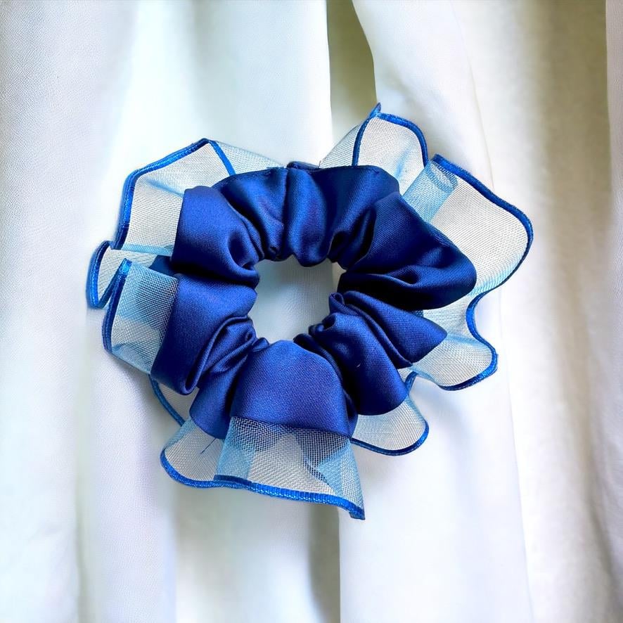Mavi Kenarları Tül  Scrunchie Büyük Boy Simit Toka