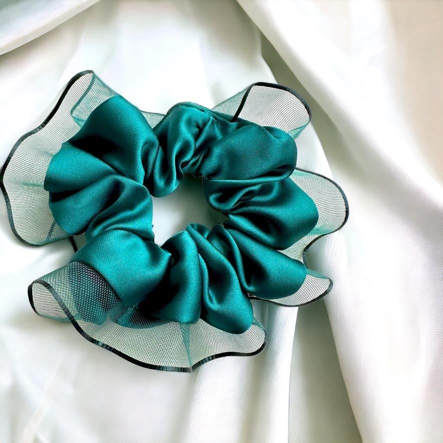 Yeşil Kenarları Tül  Scrunchie Büyük Boy Simit Toka