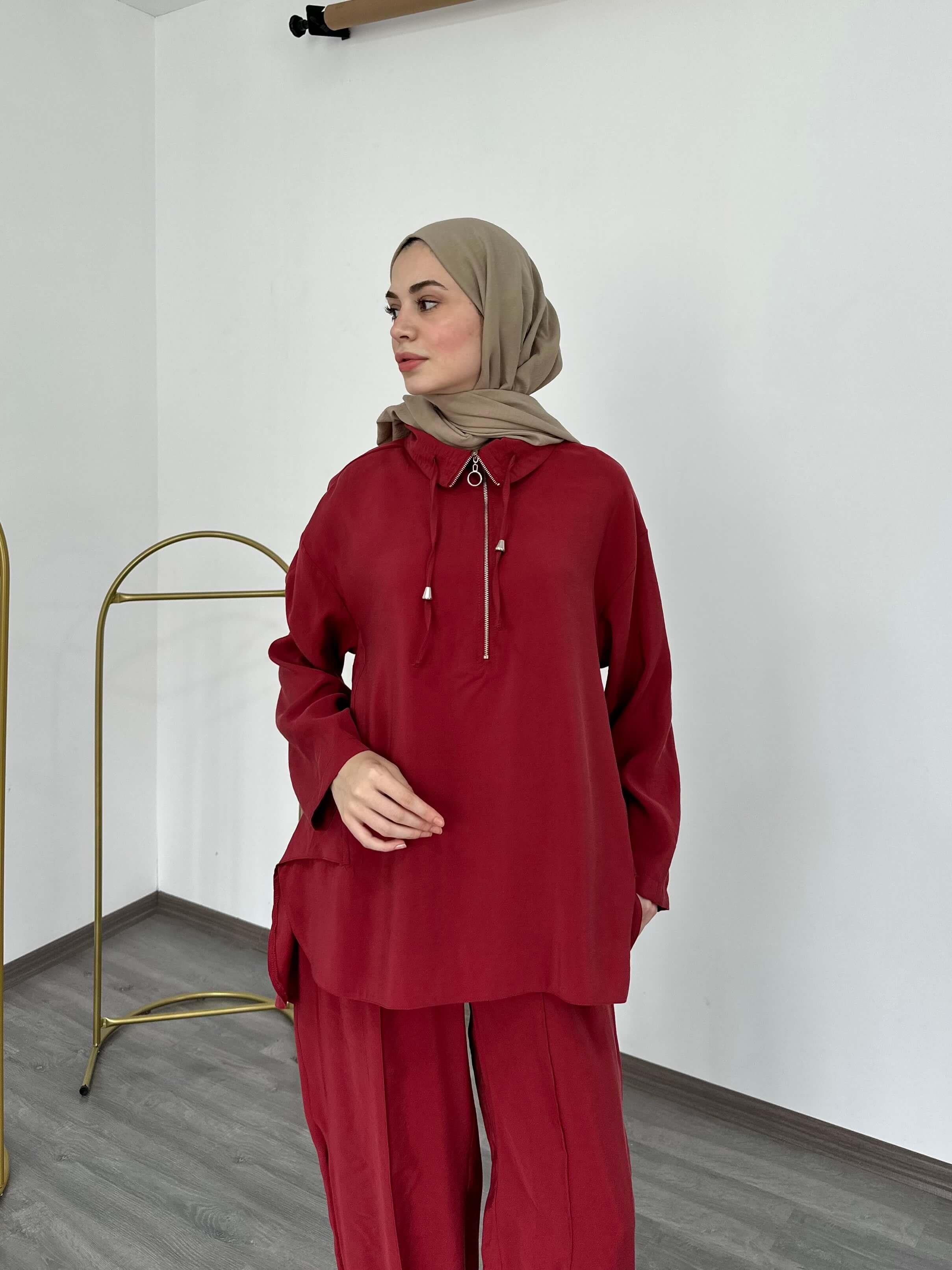 Fermuar Detaylı Oversize Kesim Şalvar Pantolon Takım Kiremit