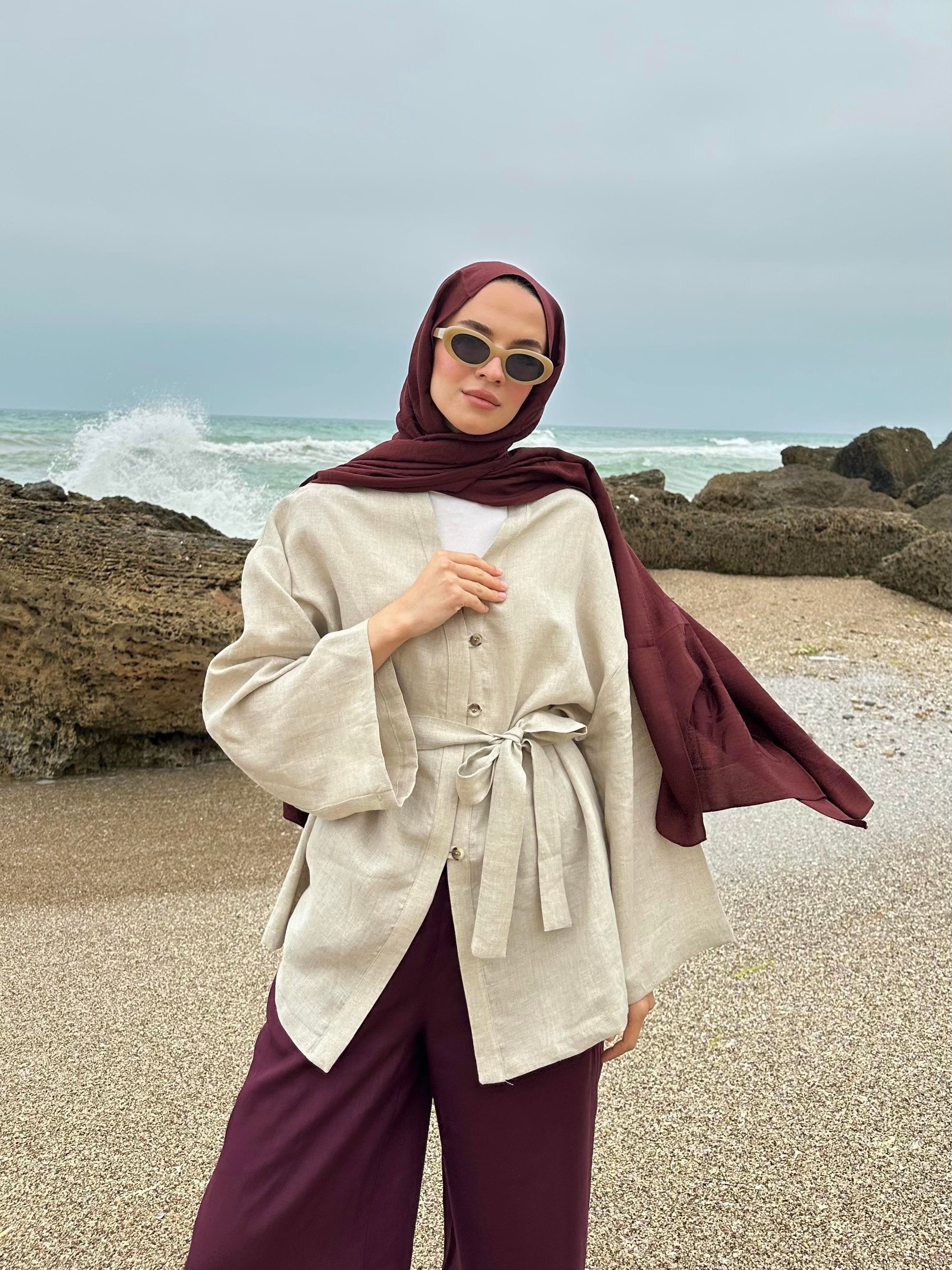 Hakiki Fransız Keten Kimono Bej