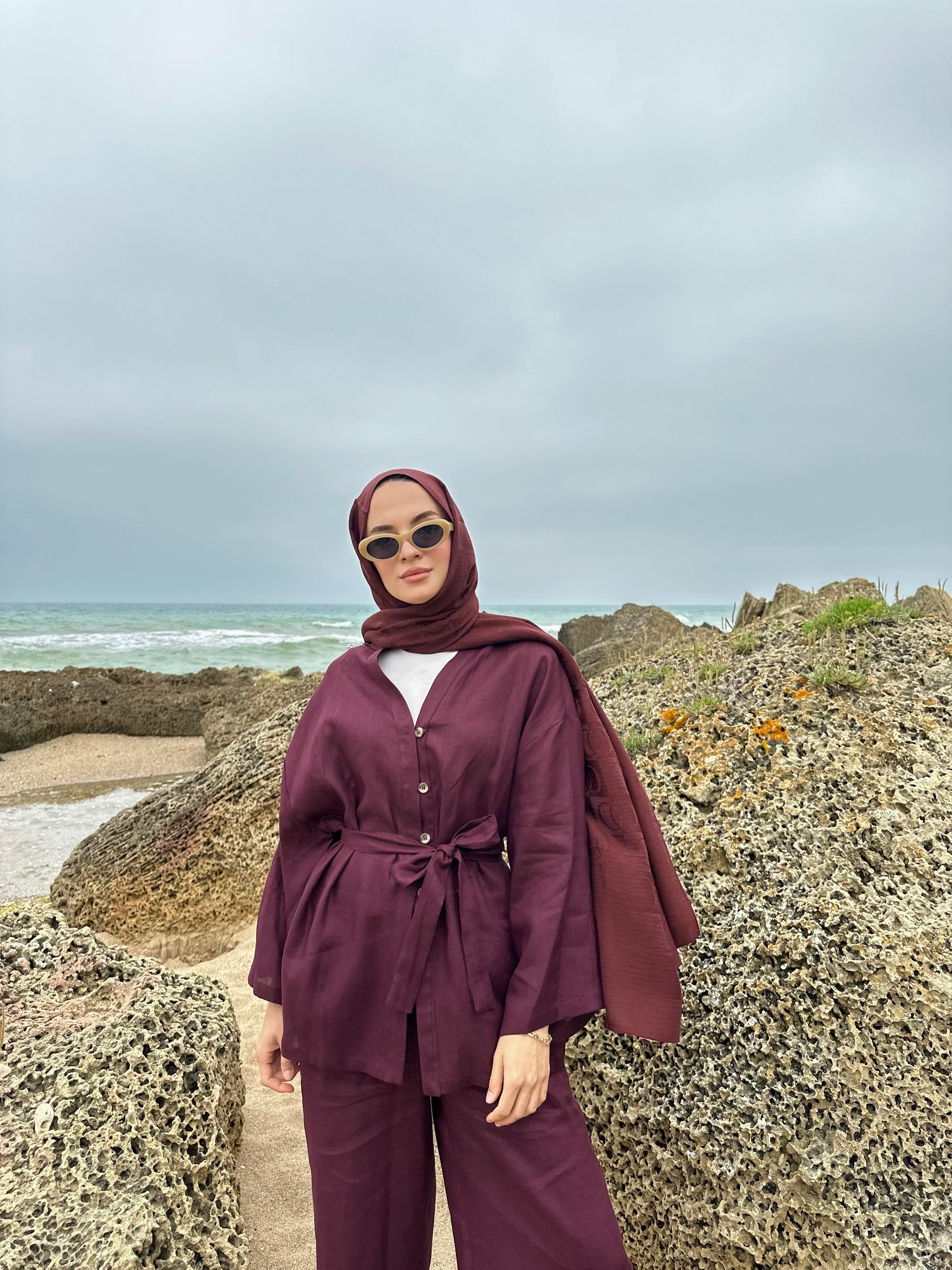 Hakiki Fransız Keten Kimono Bordo