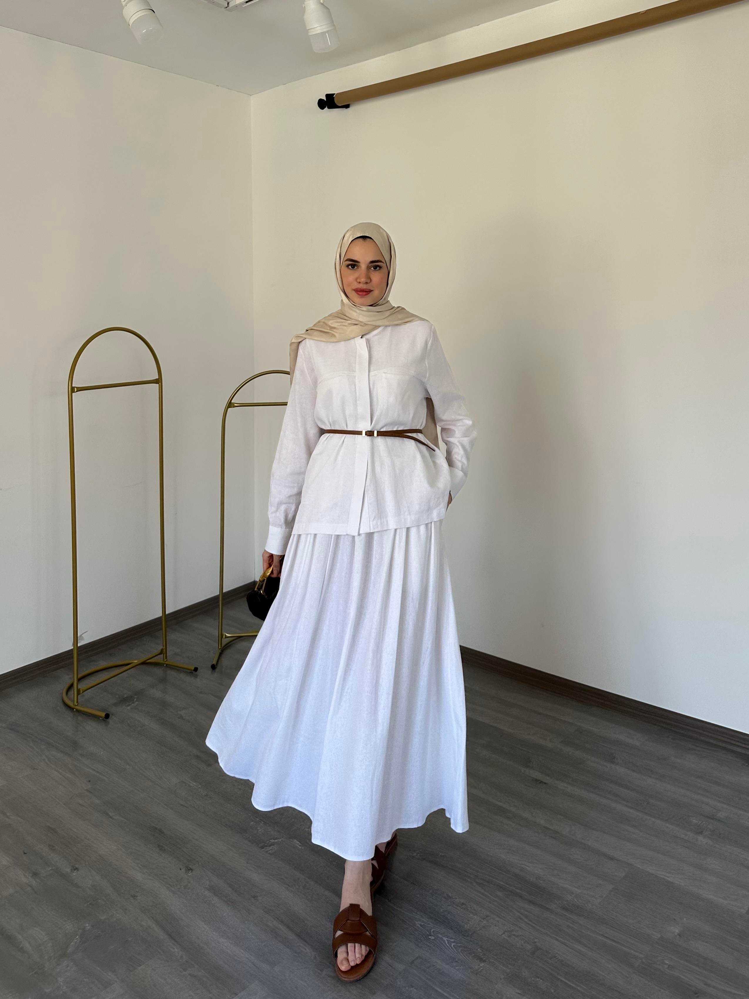 Keten Gömlekli İkili Takım Beyaz