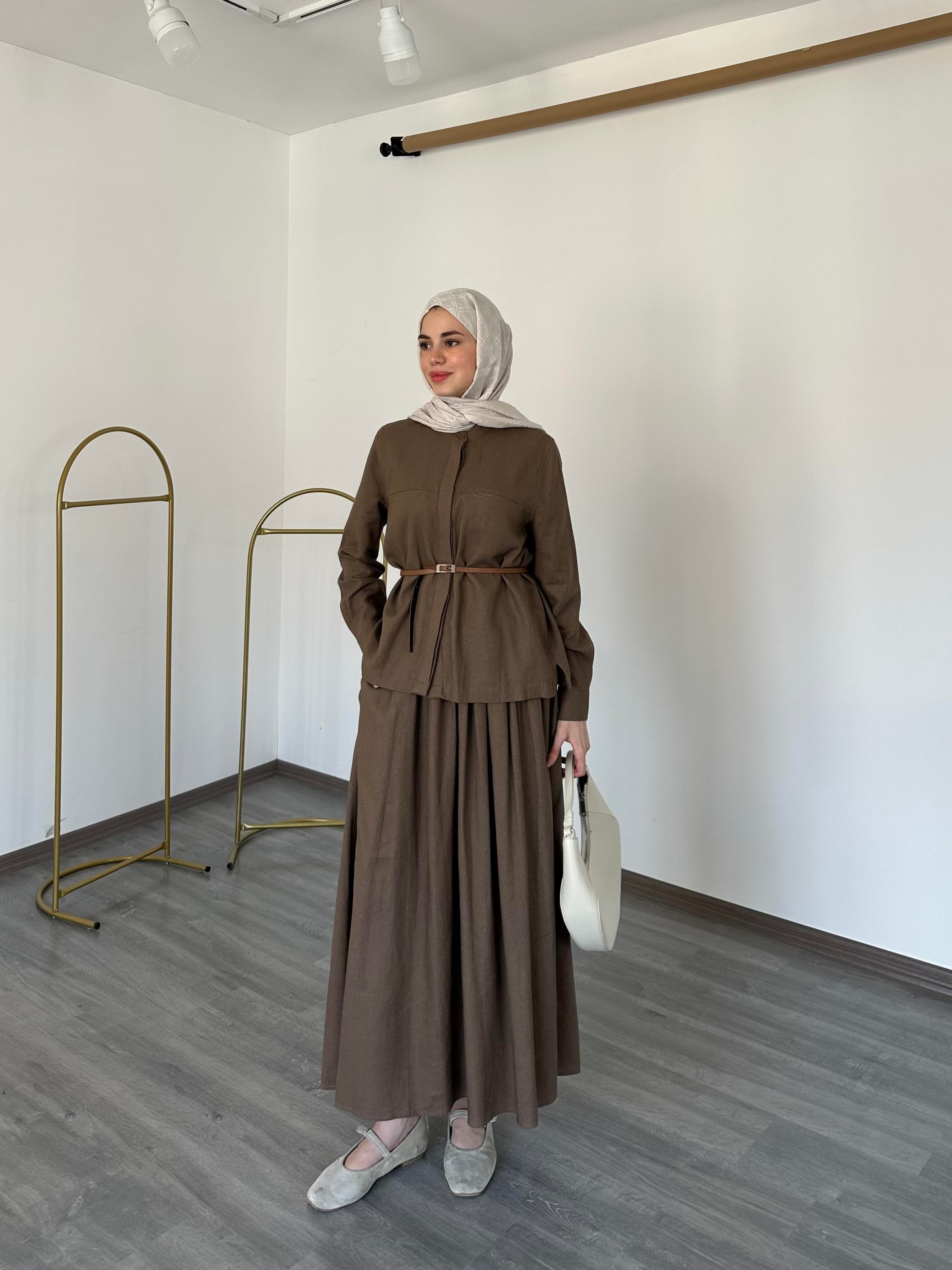 Keten Gömlekli İkili Takım Kahverengi