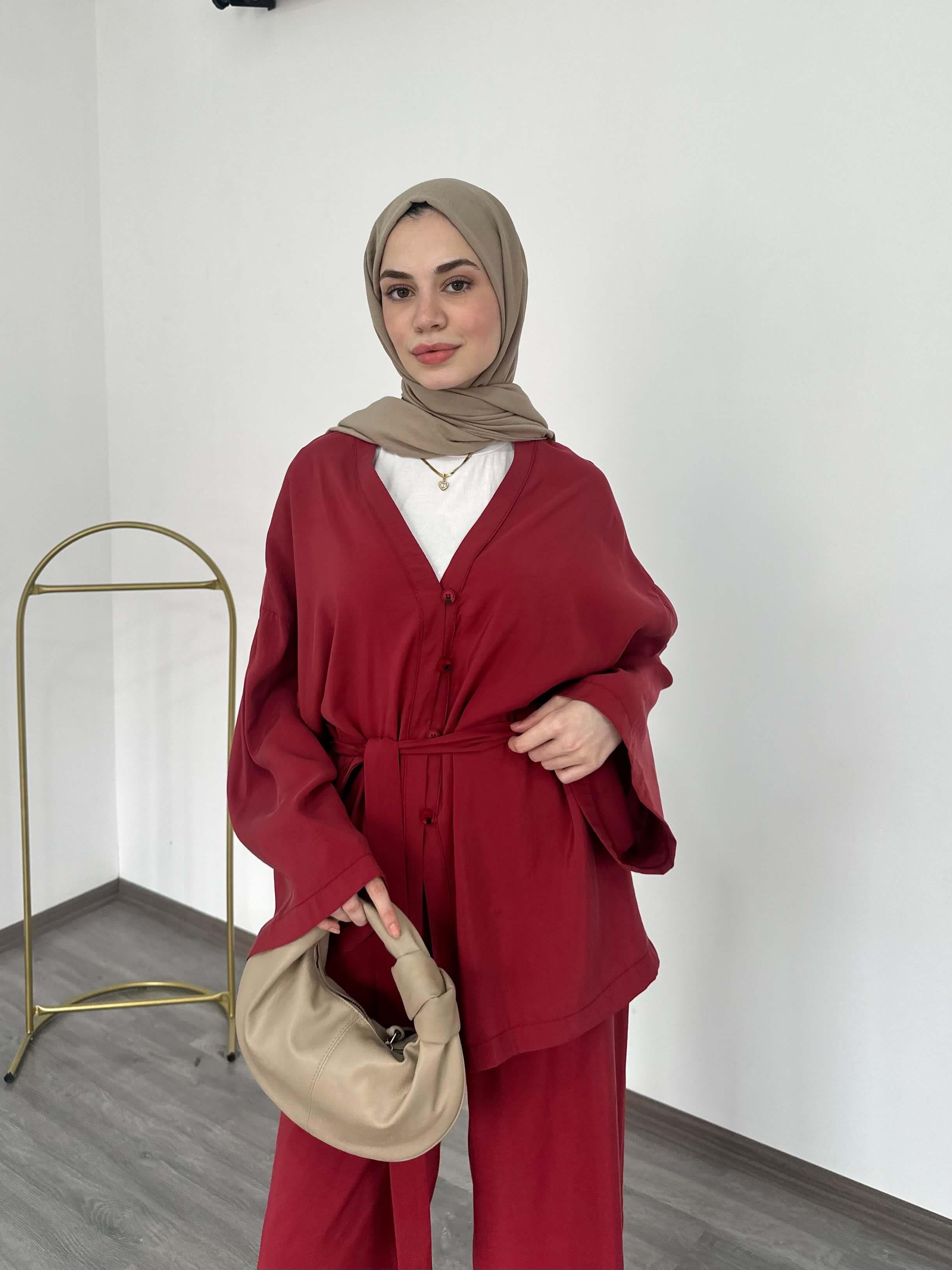 Kimono Model Düğmeli Kuşaklı Bol Paça Pantolonlu Takım Kiremit