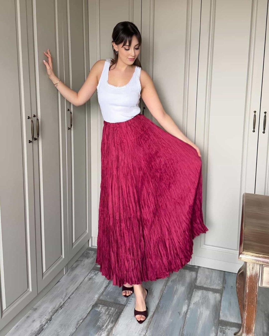Kırışık Görünümlü Bordo Etek