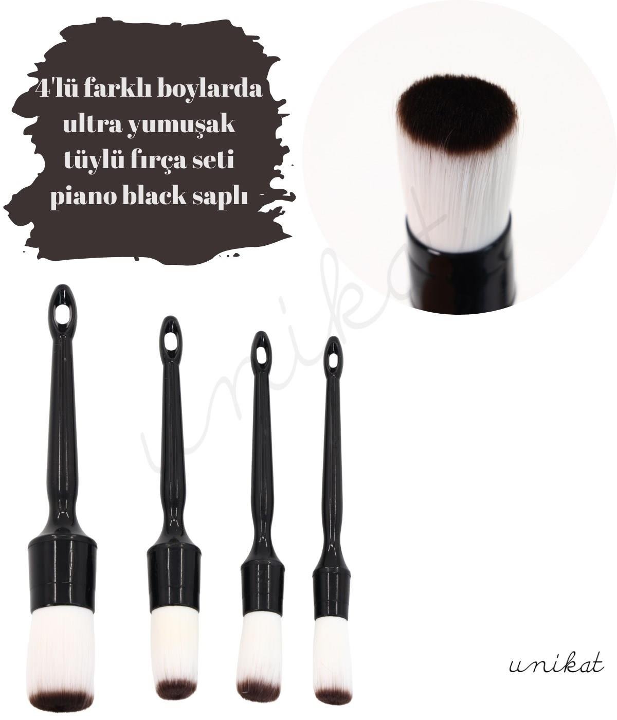 BAYİ ÜRÜNÜ 4'lü Hassas Araç Fırça Seti Yumuşak Başlıklar - Piano Black Saplı, Beyaz Tüylü