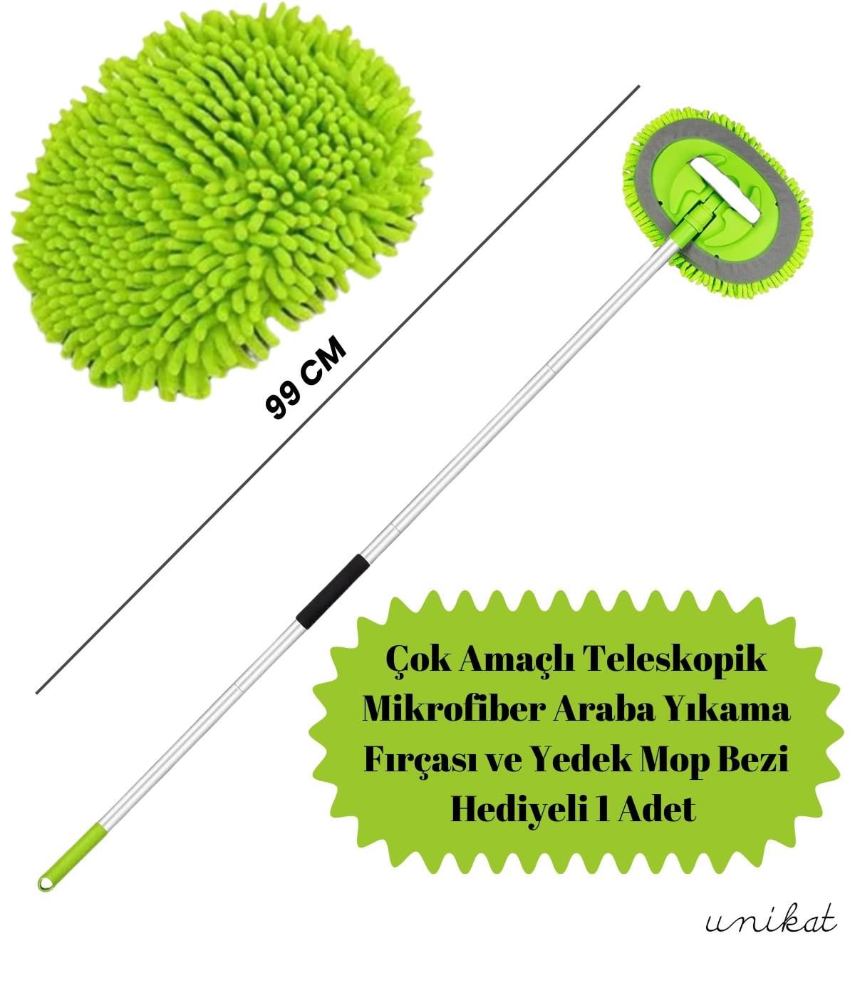 BAYİ ÜRÜNÜ Teleskopik Mikrofiber Araba Yıkama Fırçası Yedek Mop Bezli 1 Adet - YEŞİL