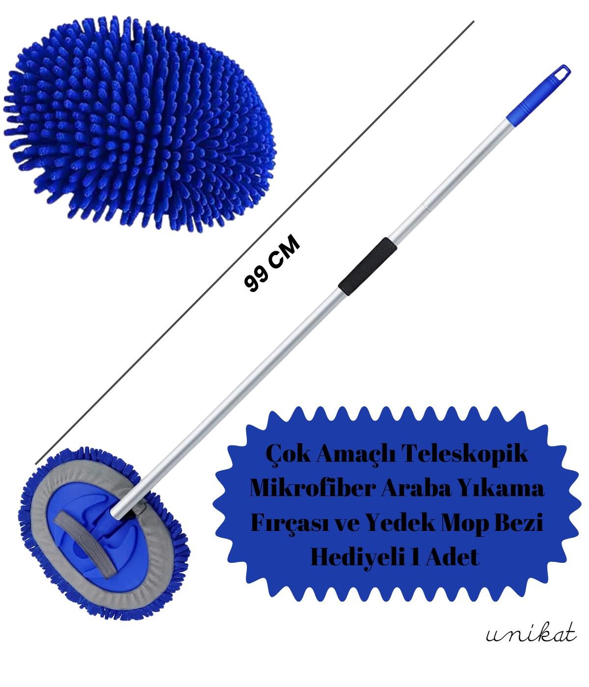 Teleskopik Mikrofiber Araba Yıkama Fırçası Yedek Mop Bezli 1 Adet – Saplı ve Ele Geçirmeli  Mavi 