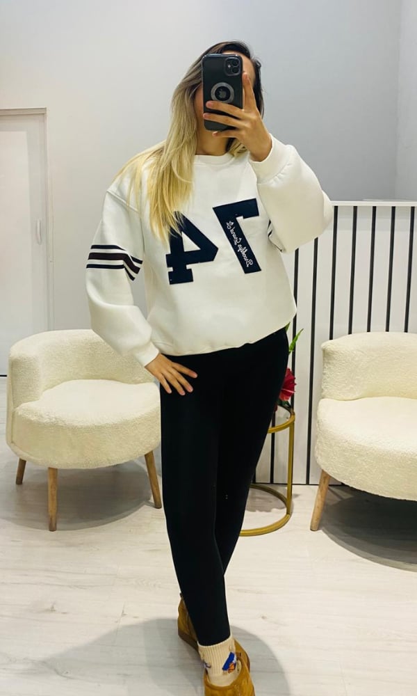 Baskılı Şardonlu Sweatshirt Ekru