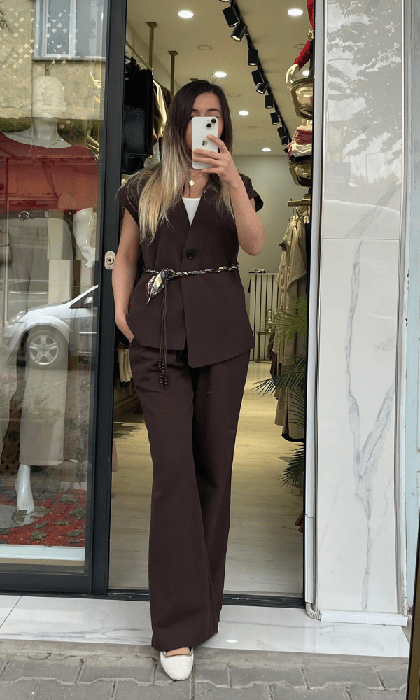 Kahve Kuşaklı Yelek Pantolon Keten Takım