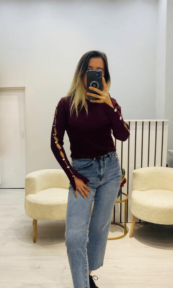 Kol Aksesuarlı Bordo Çelik Triko