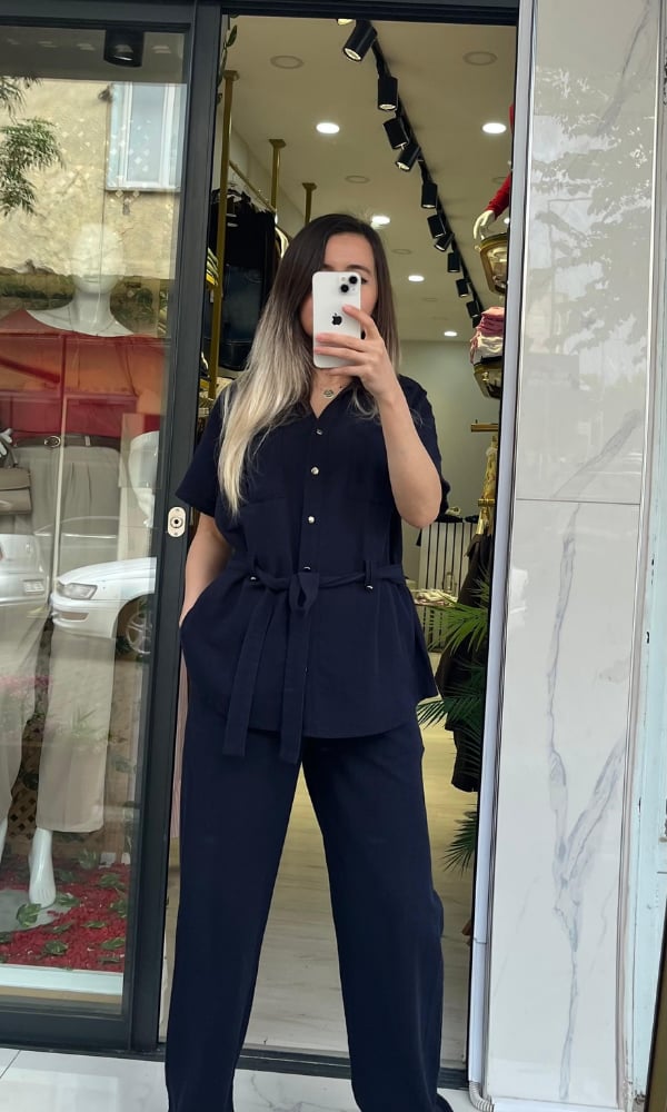 Kuşaklı Keten Takım Lacivert Rengi