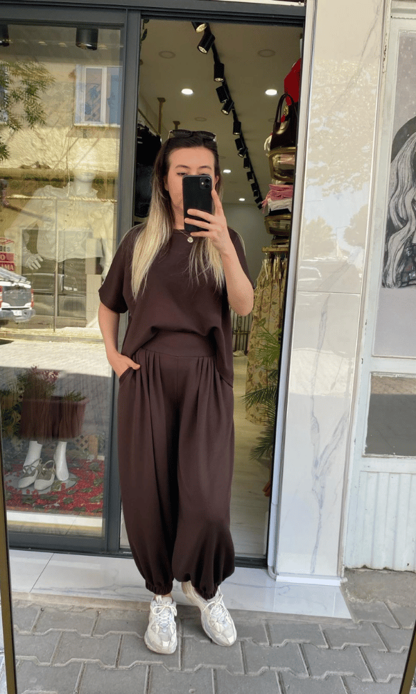 Modal Kumaş Tshirt ve Şalvar Pantolon Takım KAHVE
