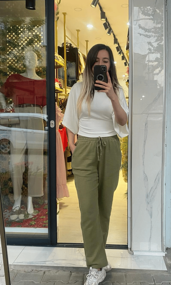 Müslin Kumaş Bilek Paça Pantolon - Haki