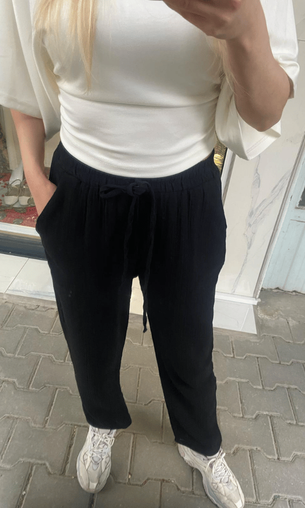 Müslin Kumaş Bilek Paça Pantolon - Siyah