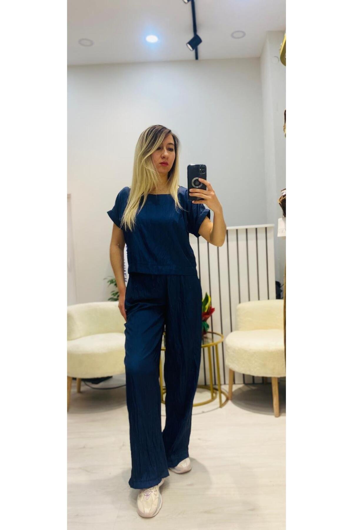Pileli Lacivert İkili Takım