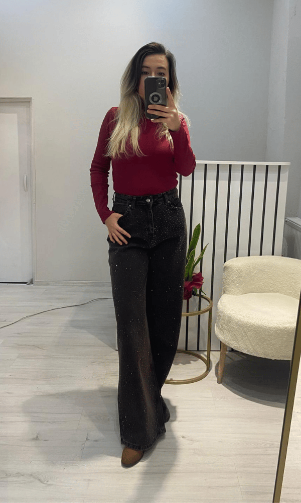 Taşlı Wide Lej Jean - Kahve